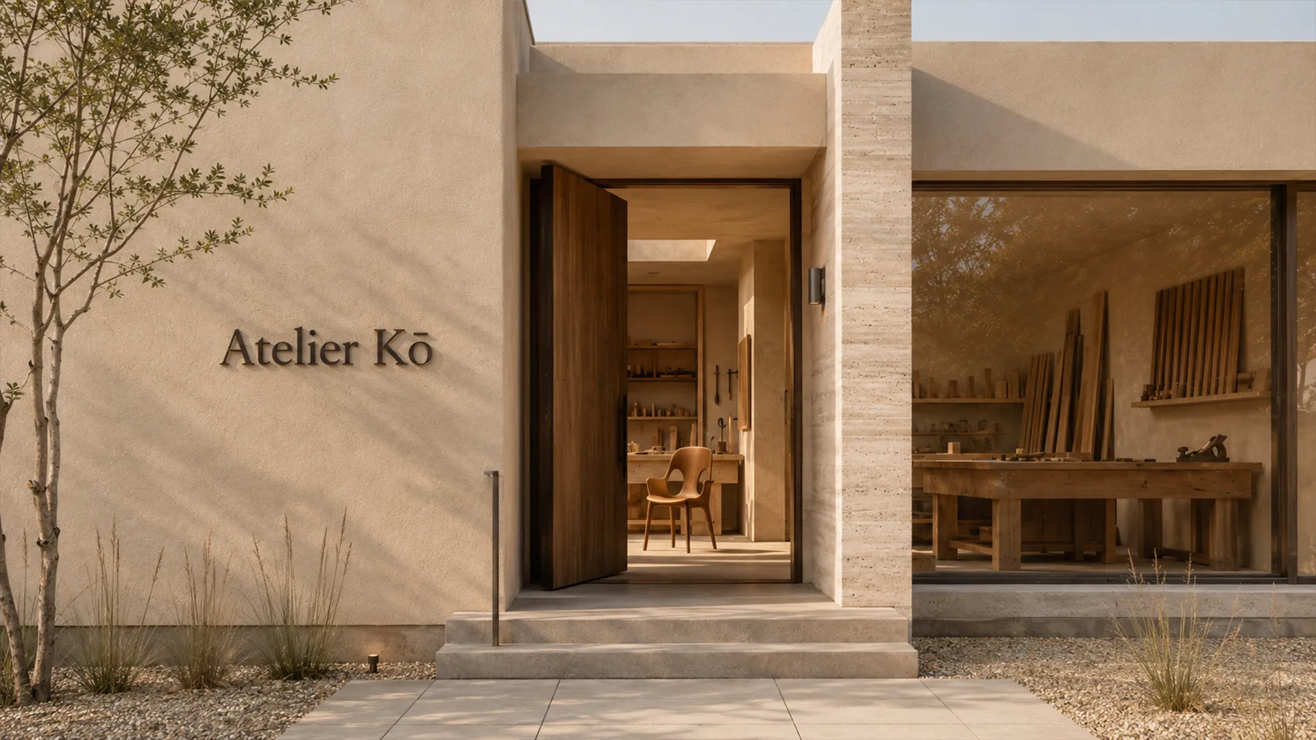 Sunlit Scandinavian woodworking atelier with hand tools and a half-finished chair